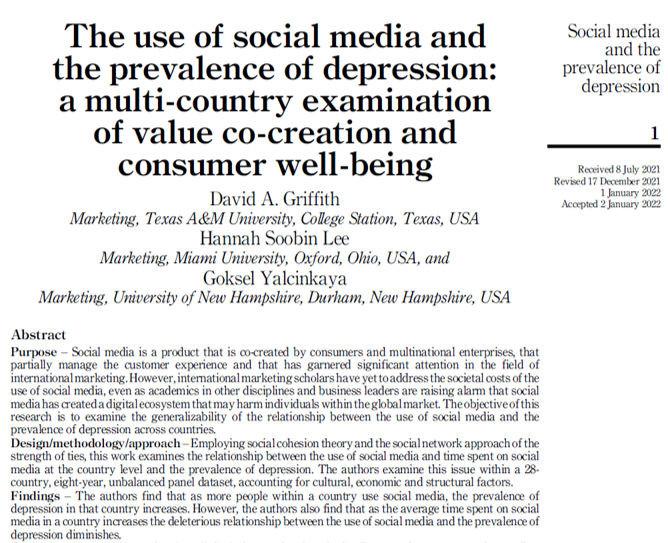 GriffithDavidA's tweet photo. New research examining 28 countries over eight years shows that the increased use of social media in a country is positively associated with the prevalence of depression in that country. Learn more at: https://t.co/aFul3XvETR 
#depression #mentalhealth #socialmedia #Marketing https://t.co/fAaRdgQcph