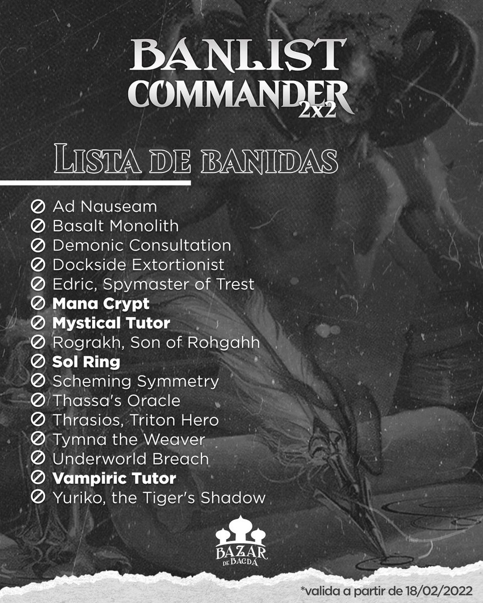 bazardebagda's tweet photo. Alô, jogadores de commander da loja!
Acabou de sair, quentinha, a lista de bans e desbans do nosso Commander 2x2 Cara sorridente com óculos de sol
Fiquem ligados para o próximo torneio no dia 18/02.
#Commander2x2 #mtg #magicthegathering #mtgcommander #Commanders https://t.co/wruMMwFU0h