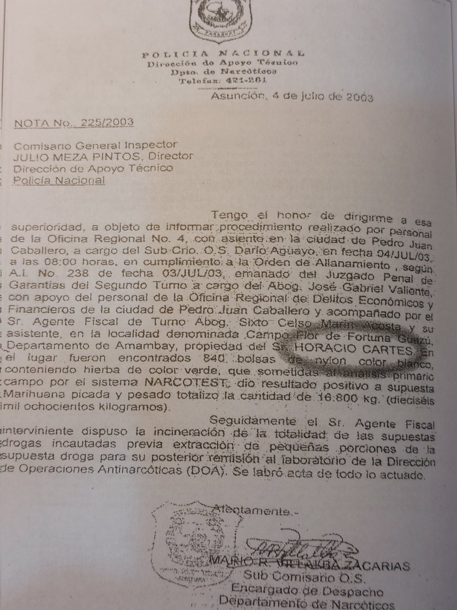 Parte policial del 2003, (hoy desaparecido del archivo), q atribuye la propiedad de la estancia donde fueron halladas 16.800 kg de marihuana a HORACIO CARTES.
Siempre queda algun hilo suelto.
(Documento:"LA OTRA CARA DE HC. Ed.2013)