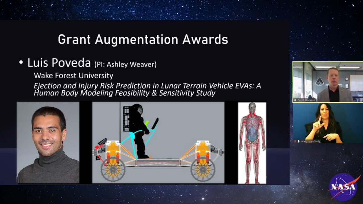 Wake Forest Biomedical Engineering (@wakebme) on Twitter photo Fellowship to <a href="/luis_pov4/">Luis Poveda</a> announced at the <a href="/NASA/">NASA</a> HRP IWS conference this afternoon! Luis will use computational simulations to predict #injury risk to astronauts operating a rover on the Moon🌜Congrats to Luis and his team! <a href="/karandevane/">Karan Devane</a> <a href="/ScottGayzik/">Francis Scott Gayzik</a> <a href="/jstitzel/">joel stitzel</a> <a href="/AshleyAWeaver/">Ashley A. Weaver, PhD</a> Fellowship to <a href="/luis_pov4/">Luis Poveda</a> announced at the <a href="/NASA/">NASA</a> HRP IWS conference this afternoon! Luis will use computational simulations to predict #injury risk to astronauts operating a rover on the Moon🌜Congrats to Luis and his team! <a href="/karandevane/">Karan Devane</a> <a href="/ScottGayzik/">Francis Scott Gayzik</a> <a href="/jstitzel/">joel stitzel</a> <a href="/AshleyAWeaver/">Ashley A. Weaver, PhD</a>