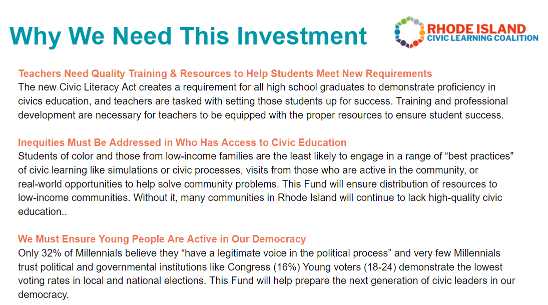 Rhode Island Civic Learning Coalition (@ricivics) on Twitter photo Equitable civic education in our RI schools can ONLY be achieved if the <a href="/RIDeptEd/">Rhode Island Department of Education (RIDE)</a> commits greater funding + staffing to support educators & youth. Thank you Commissioner <a href="/AInfanteGreen/">Angelica Infante</a> for meeting with the <a href="/ricivics/">Rhode Island Civic Learning Coalition</a> + our Youth Committee today to discuss these needed investments Equitable civic education in our RI schools can ONLY be achieved if the <a href="/RIDeptEd/">Rhode Island Department of Education (RIDE)</a> commits greater funding + staffing to support educators & youth. Thank you Commissioner <a href="/AInfanteGreen/">Angelica Infante</a> for meeting with the <a href="/ricivics/">Rhode Island Civic Learning Coalition</a> + our Youth Committee today to discuss these needed investments