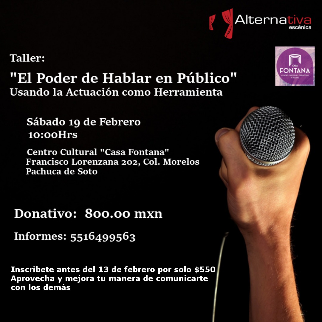 Por primera vez en #Pachuca
Taller: El Poder de hablar en Público Usando la actuación como Herramienta.
Informes al wa.me/525516499563