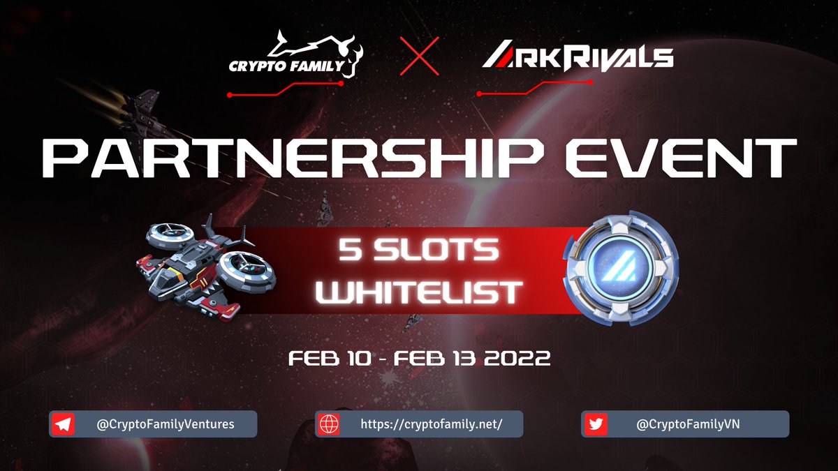 💥EVENT: <a href="/CryptoFamilyVN/">Crypto Family Trading</a> x <a href="/Ark_Rivals/">Ark Rivals</a>

🎁Rewards: 5 Tickets of ArkRivals #IDO on @Polkastarter
⏰Time: Feb 10th - Feb 13th, 2022

❇Fill form :forms.gle/ocGU2RyJ4mDBgp…

The reward will be randomly drawn and announce on Feb 14th, 2022

Join and win the tickets now! 🔥
