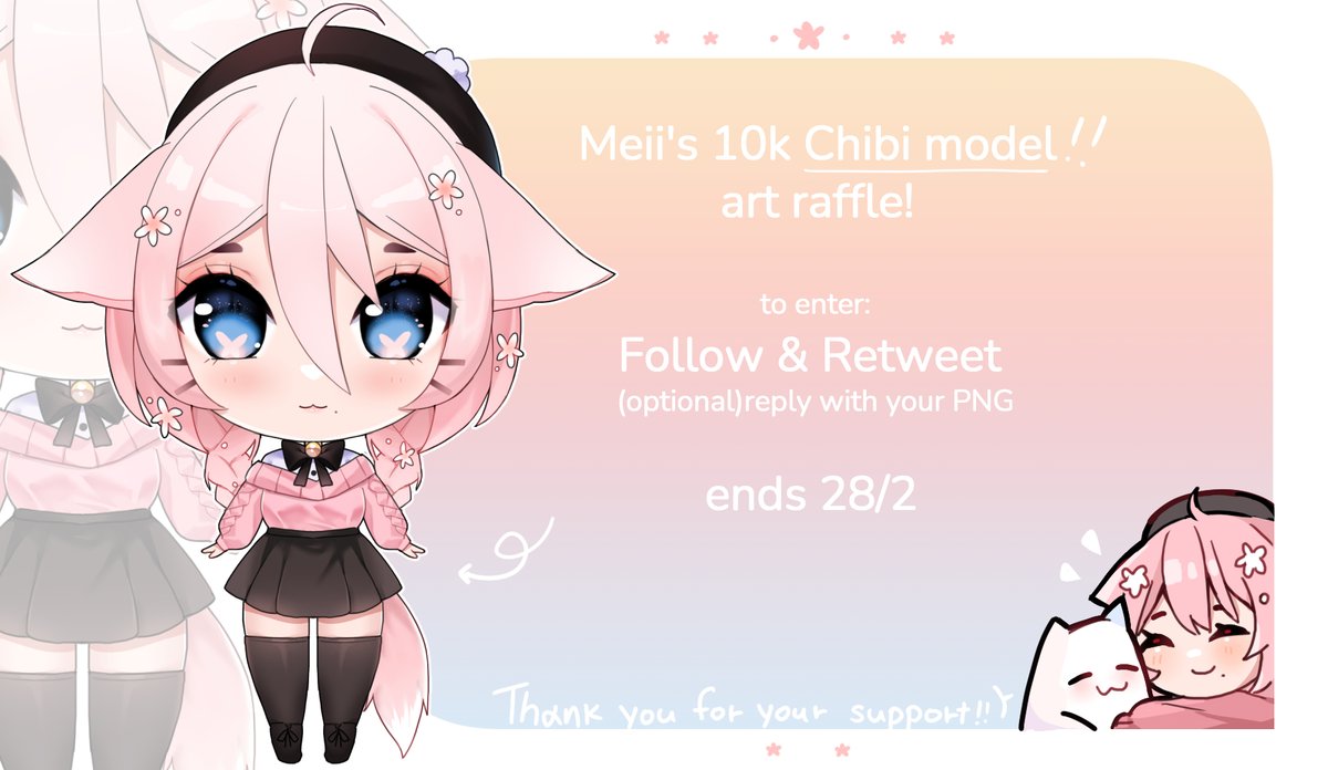 meiiArt's tweet photo. Thank you for 10k !! TTvTT Your support lately has been insane!!
🌸Win a Chibi model!🌸 (cut &amp; rdy for rigging)

To enter:
- Must follow &amp; Retweet
- Optional// Post your PNG
🔔winner picked on 28th https://t.co/kNMvG9jclD