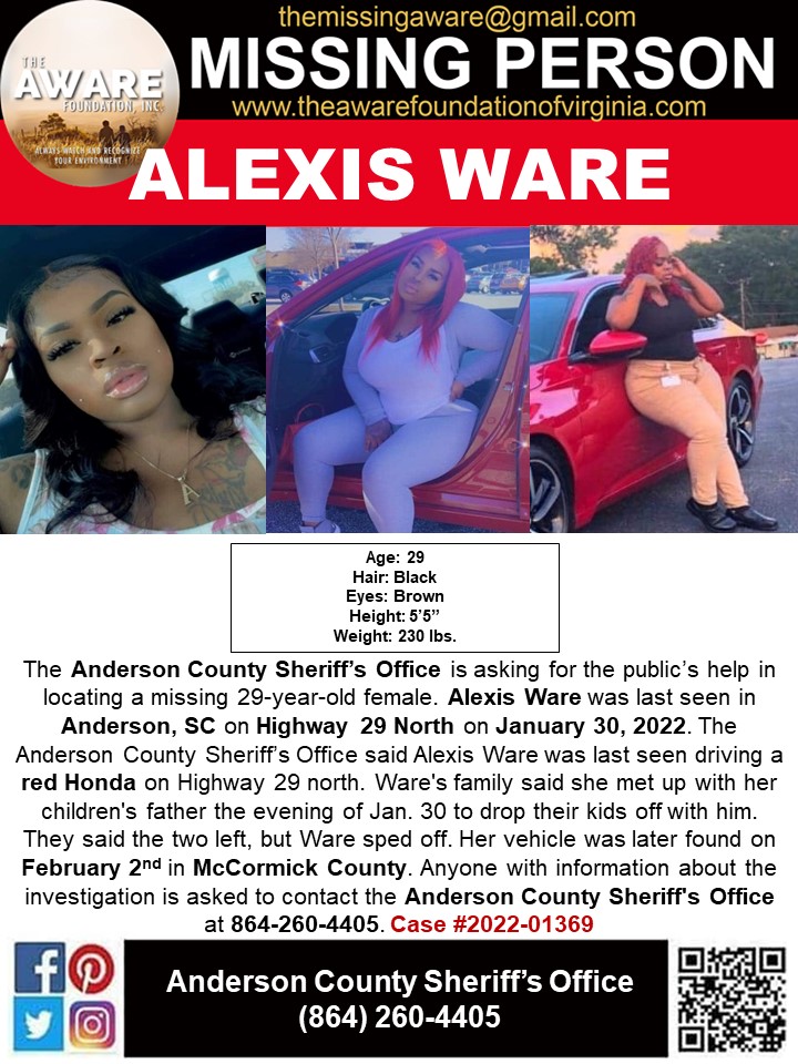 aware_the's tweet photo. ***MISSING*** The Anderson County Sheriffโs Office is asking for the publicโs help in locating a missing 29-year-old female. Alexis Ware was last seen in Anderson, SC on Highway 29 North on January 30, 2022. https://t.co/aQFJ00z4Ex