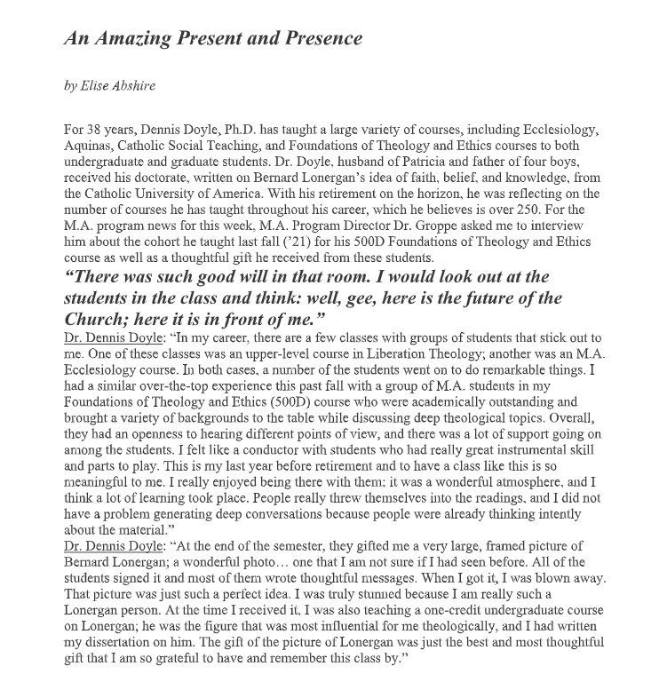 UDaytonREL's tweet photo. Please see the attached photos for an incredible article written by Elise Abshire, Master's student in Theological Studies and Graduate Assistant in the Rel. Studies Dept., honoring our own Dr. Dennis Doyle and highlighting a very special gift his Fall 500D class gave to him! https://t.co/Z4ZZYM3x2m