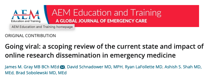 SAEMonline's tweet photo. Going viral: a scoping review of the current state and impact of online research dissemination in emergency medicine
E&amp;T Journal - January 2022
#AEM #AcademicJournal #ET
First Author:  James M. Gray, MB, BCh, MEd @jamesgray0 

Read Online: https://t.co/JVAbg9QtIO https://t.co/JUUiDk1Uiv