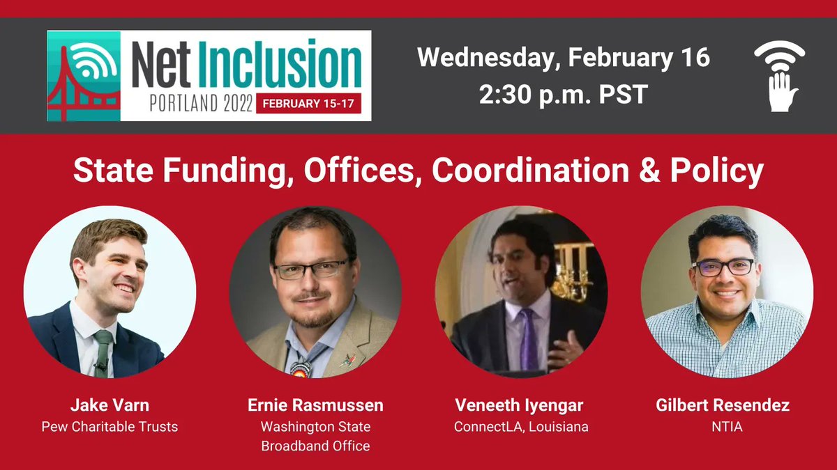 Need to know what funding is coming to states for #digitalinclusion? Join us at #NetInclusion2022 - in person in Portland and live-streaming. Join @pewtrusts @JakeVarn @rasmussen_ernie @VeneethI @Gilbert_Rez @NTIAgov buff.ly/3mcigaR