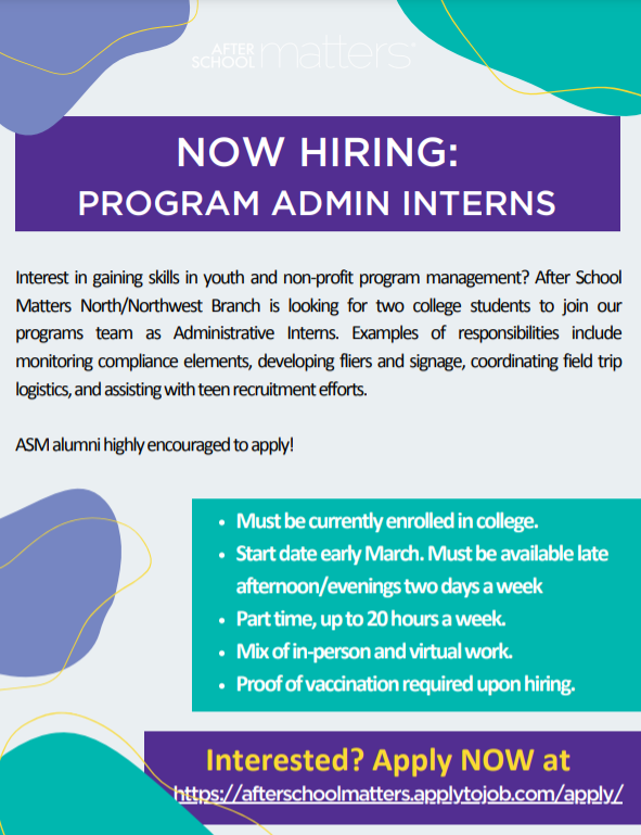 AftrSchoolMttrs's tweet photo. Are you interested in working for a nonprofit and supporting Chicago teens? Are you currently enrolled in college?
ASM is now hiring two part-time Program Administration Interns. 👉 Apply now: https://t.co/Hb0GsgdXQ7 #teensMATTER #jobopportunity #chicagojob #nonprofit #commnity https://t.co/pBvUISrWrs