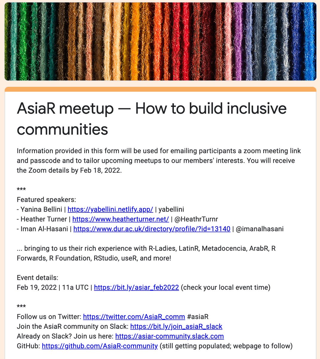 AsiaR Community (@asiar_comm) on Twitter photo AsiaR is now active!🎉
We're excited to host our first meetup:
'How to build inclusive communities' featuring @yabellini <a href="/HeathrTurnr/">Heather Turner</a> <a href="/ImanAlhasani/">Iman Al-Hasani</a>
Feb 19 '22, 11a UTC bit.ly/asiar_feb2022
RSVP forms.gle/YdpiRqRroiTFN6…
#rstats #rladies #asiaR <a href="/_useRconf/">useR! 2024</a>
New acct; please RT! AsiaR is now active!🎉
We're excited to host our first meetup:
'How to build inclusive communities' featuring @yabellini <a href="/HeathrTurnr/">Heather Turner</a> <a href="/ImanAlhasani/">Iman Al-Hasani</a>
Feb 19 '22, 11a UTC bit.ly/asiar_feb2022
RSVP forms.gle/YdpiRqRroiTFN6…
#rstats #rladies #asiaR <a href="/_useRconf/">useR! 2024</a>
New acct; please RT!