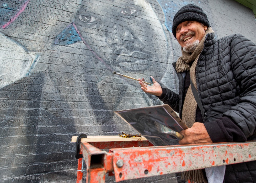 SeaTimesFotoKen's tweet image. James Crespinel, whose original Martin Luther King, Jr. mural he painted 26 years ago in the Central District was defaced recently, has returned to Seattle from his home in Mexico to repair the artwork, Thursday. via @seattletimes