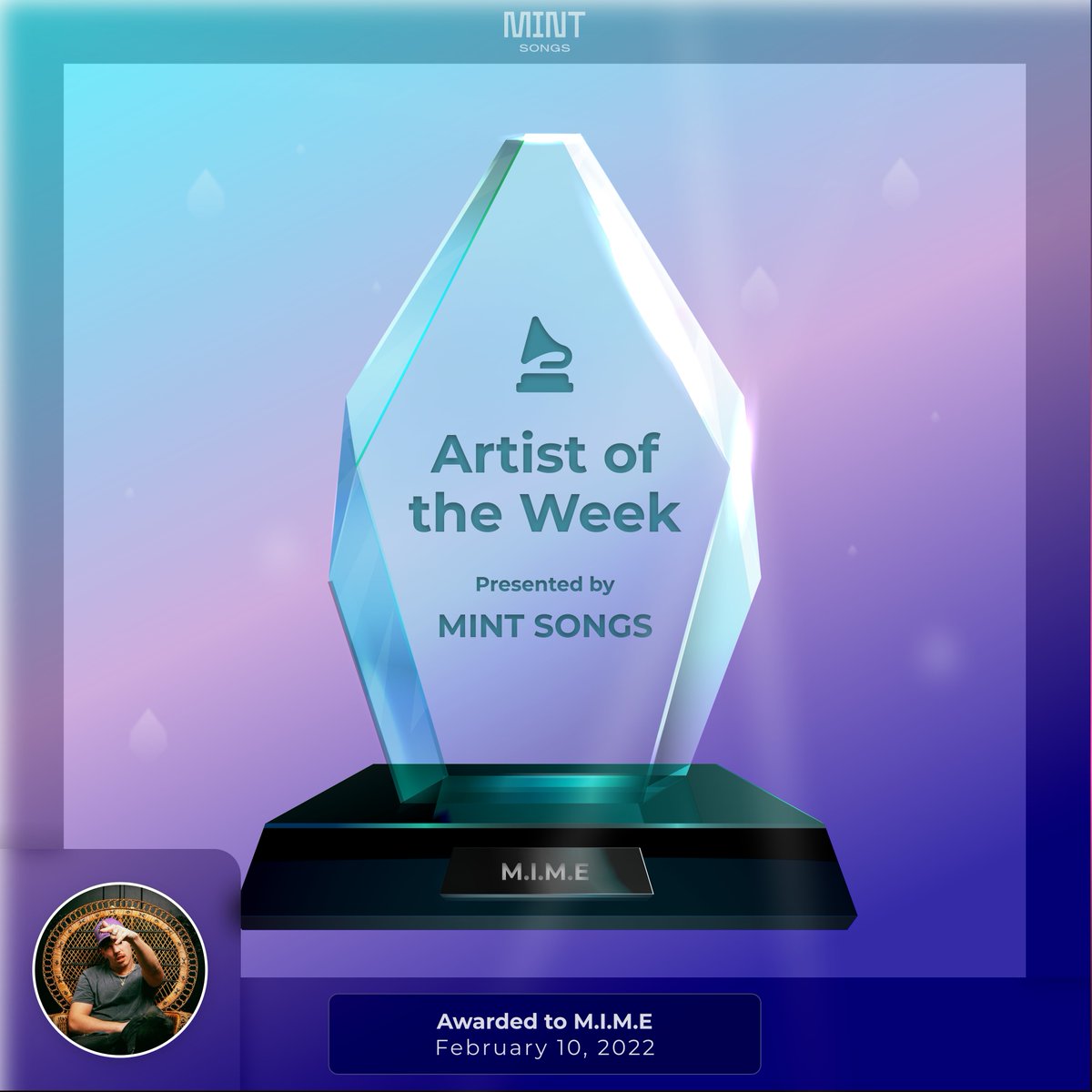 Mint Songs is proud to award EDM vocalist and rapper <a href="/TheOnlyMime/">M.I.M.E</a> with this week's Artist of the Week!

His genesis #musicNFT, Lame, is dropping tomorrow at 1PM EST on <a href="/mintsongs/">Mint Songs</a> 🚀 Learn more about this talented creator at blog.mintsongs.com/artist-of-the-…