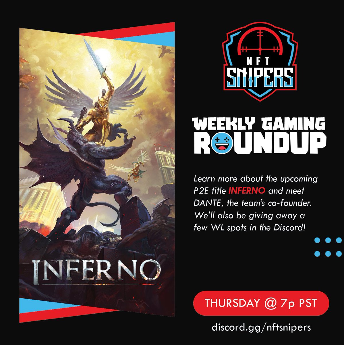 Excited to have Dante from <a href="/entertheinferno/">Inferno 🔥 PUBLIC MINT LIVE</a> joining our Weekly Gaming Roundup voice chat tonight at 7p PST! Hope to see you there - you might even earn a chance to snag one of their coveted WL spots!