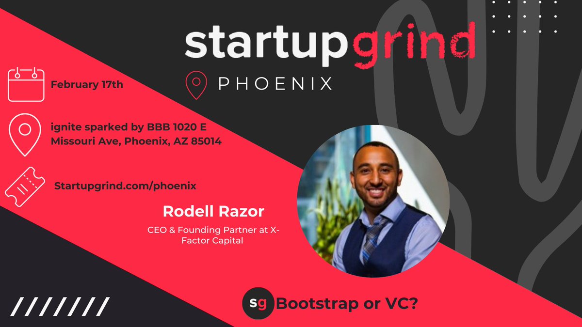 Join X-Factor Capital💸 &amp; <a href="/Kiva/">kiva.org</a> Hub Phoenix next Thursday at BBB's business space! We are featuring CEO &amp; Founding Partner Rodell Razor for a fireside chat❤️‍🔥(+ a Kiva mini-presentation!) 
startupgrind.com/phoenix/
Something for everyone!