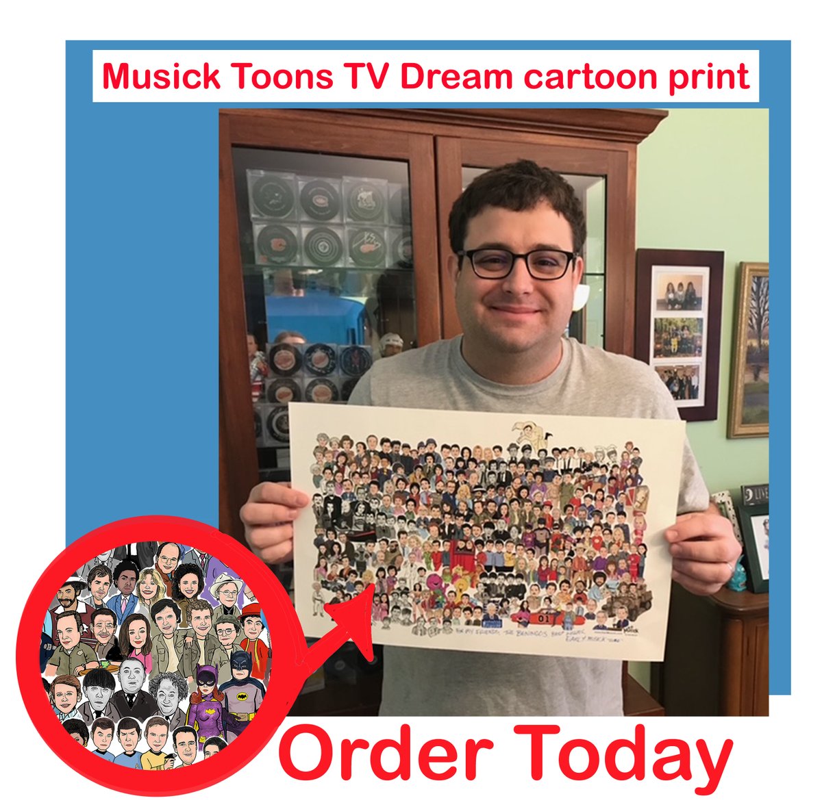 This is world renowned comedian, Andy Beningo holding my Musick Toons TV Dream Cartoon print. We will be taking orders this weekend and next week for the print of over 250 Musick Toons TV Dream caricatures,  email me earl@EarlMusick.com for more information.