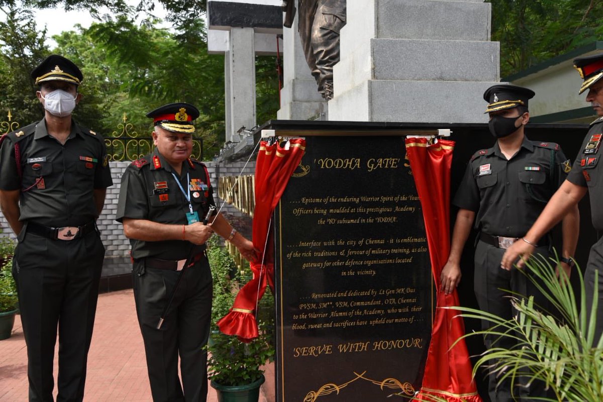 Def_PRO_Chennai's tweet photo. The Main Gate of Officers Training Academy(OTA), Chennai on the Grand South Trunk Road has reconceptualised and rechristened as 'Yodha Gate' dedicating to the warrior alumni of the Academy by Lt Gen MK Das, Commandant-OTA Chennai. @pibchennai @NCCDte_TNPAN @artrac_ia @adgpi https://t.co/Z4UnKI0CkP