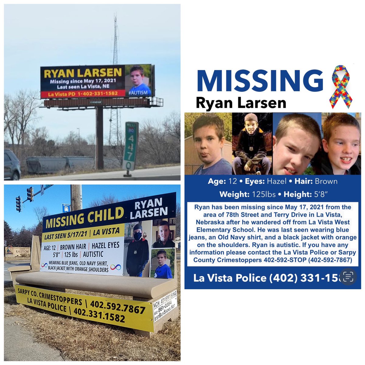 BoyMom_BeachGaL's tweet photo. Yβall!!! I AM SO EXCITED!! Look what posted in the La Vista/Omaha, Nebraska area today! Many thanks to @DoriDataBae @GoldenDogMamma @lmmeridith for their help & encouragement! #RyanLarsen, with Autism, Missing since 5/17/21 @Nerdy_Addict @CoffindafferFBI @WhitSich @Moms4Missing https://t.co/NF1ae6tZrT