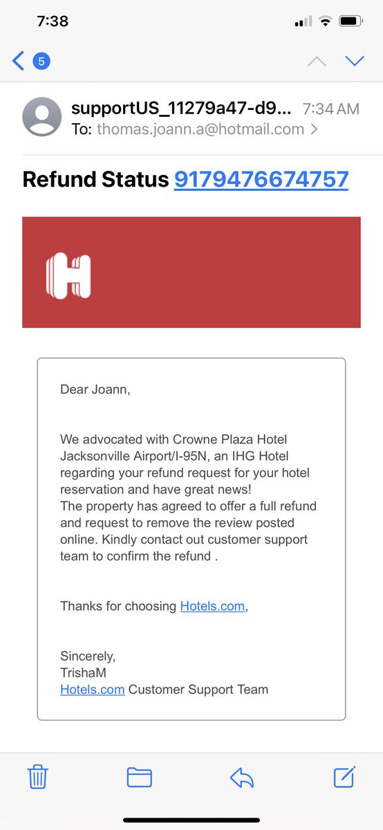 msjothomas's tweet photo. Such a horrible experience with @hotelscomhelp and Crown Plaza Hotel Jacksonville Airport @CrownePlaza.  Imagine lying to a customer about refunding an unused hotel stay just to get a bad review removed 🙄🤦🏽‍♀️.  Now I’m forced to contact corporate to voice my concerns. Beware!! https://t.co/e8uVmD49Dr