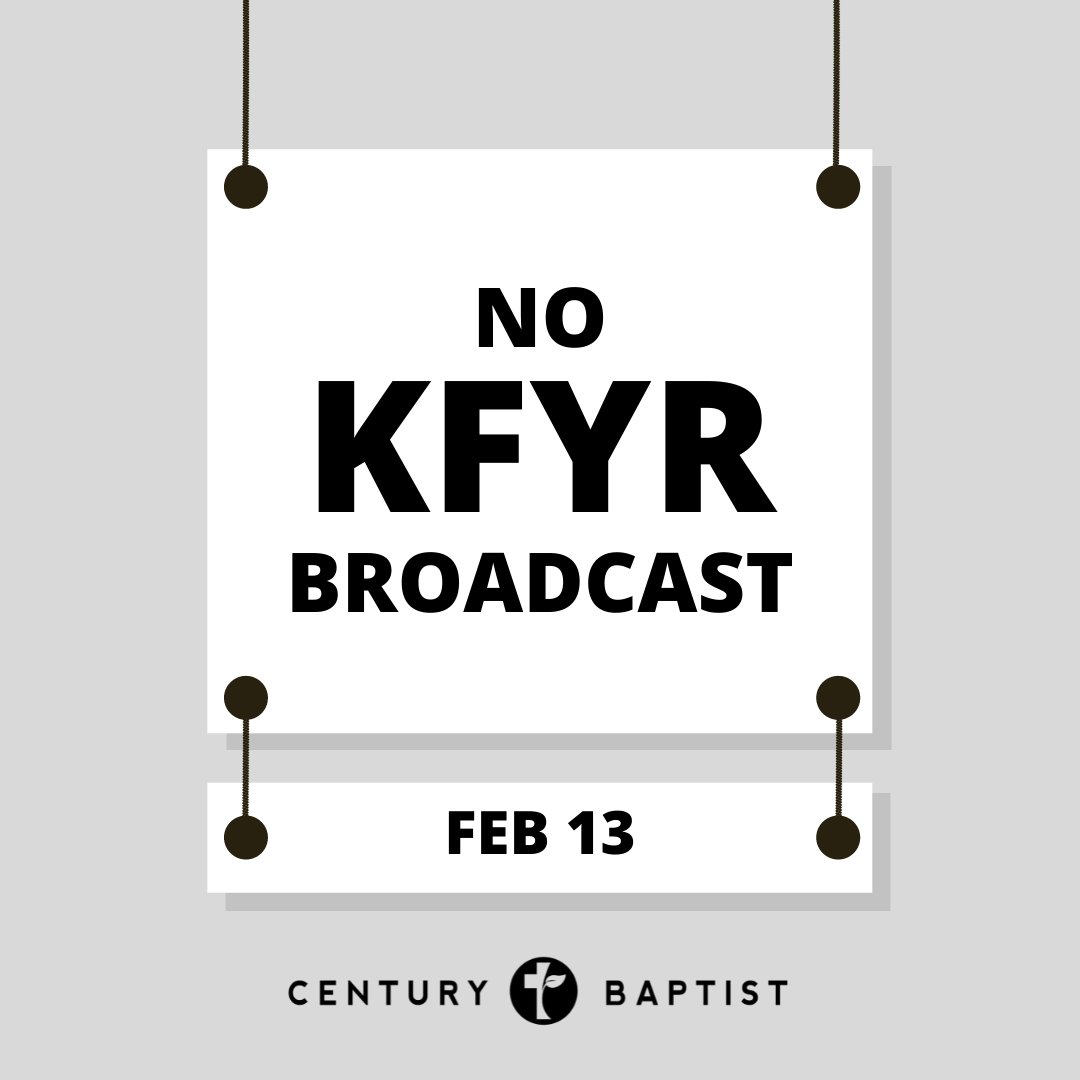 CenturyBaptist's tweet photo. We will not be broadcasting our Sunday service at 10am on KFYR Sunday, Feb 13 due to a conflict with other NBC programming. However, you can still join us as we continue through the gospel of Matthew by watching at our website (https://t.co/IWyFBKrr9K), here on Facebook, or o...! https://t.co/JZlfCPvBlL