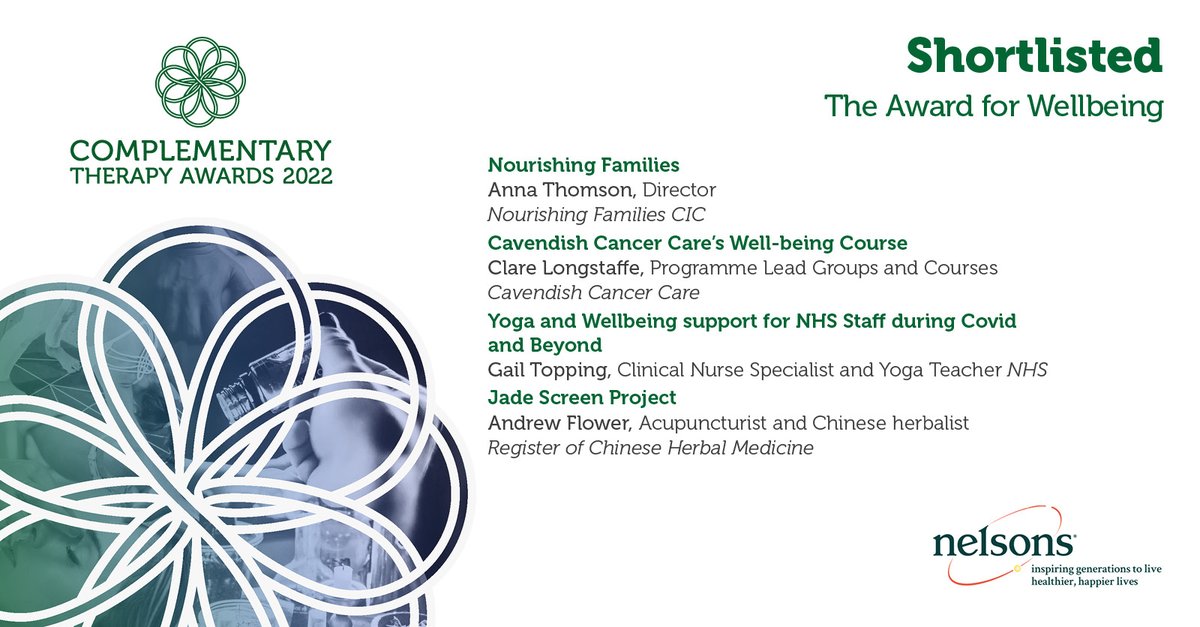 Lots of luck to our finalists in the Award for Wellbeing sponsored by Nelsons - looking forward to the ceremony later today! <a href="/Integrative_HC/">Integrative Health Convention</a> 
#CompTherapyAwds <a href="/CollegeofMed/">College of Medicine</a> #IHC2022