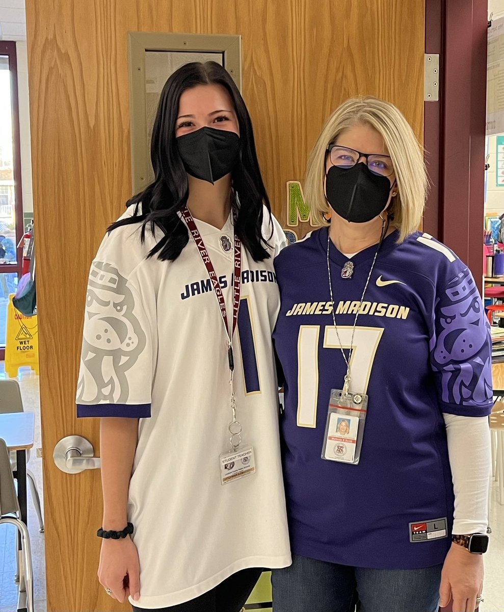 mssvafirst's tweet photo. When it’s Jersey Day at school and your student teacher @courtcourttt279 is from @JMUCoE AND your son is in grad school @JMUCoE you must wear your JMU jersey! #twinning #JMUMom #LRelem https://t.co/vQvb7vBMyr
