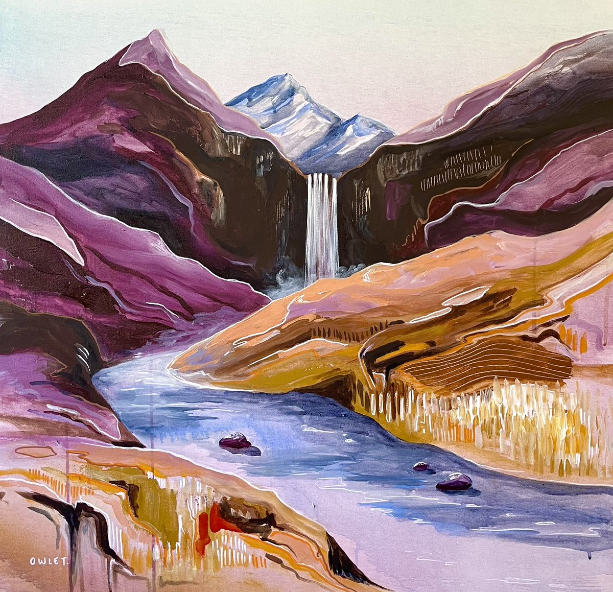 OwletArt's tweet photo. I like to paint landscapes that are not places i’ve been, more like worlds of their own. Or maybe they are part of one big world. #physicalmeetsdigital #physicalpainter #nftartist #NFTCommumity #landscapepainting https://t.co/LPfhwj5Iot