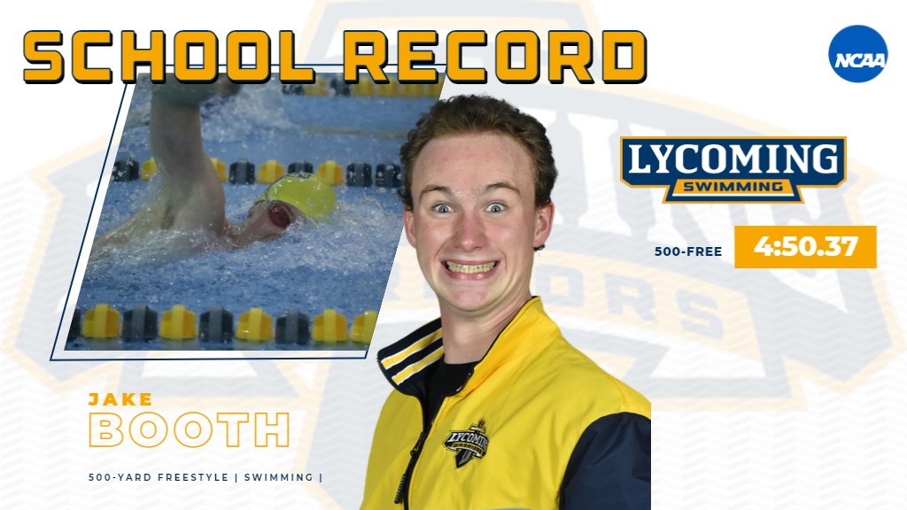 Jake Booth breaks his own 500-yard freestyle 
<a href="/SwimLyco/">Lycoming Swimming</a> record in the finals at #MACchamps, finishing fifth in 4:50.37. It is Lycoming's best finish in the 500 since John Dougherty took fifth in 2008.