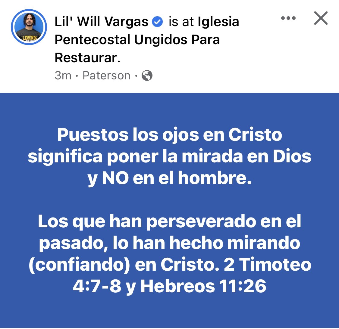 TheRealLilWill's tweet photo. Puestos los ojos en Cristo significa poner la mirada en Dios y NO en el hombre.

Los que han perseverado en el pasado, lo han hecho mirando (confiando) en Cristo. 2 Timoteo 4:7-8 y Hebreos 11:26 https://t.co/3DG5tIKMd7
