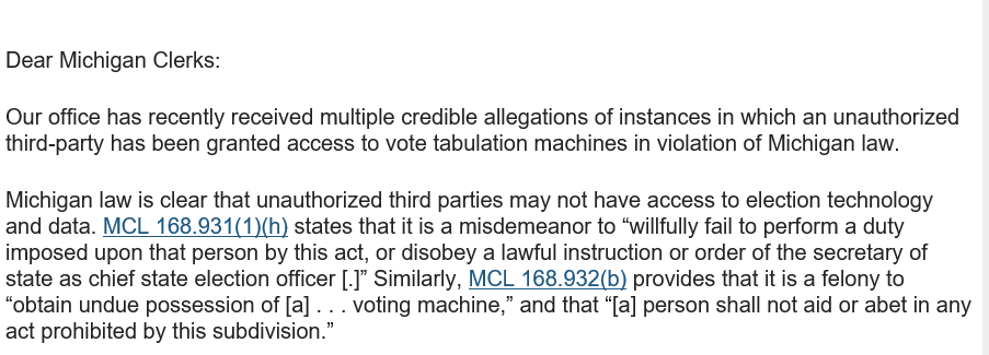 CraigDMauger's tweet image. "Our office has recently received multiple credible allegations of instances in which an unauthorized third party has been granted access to vote tabulation machines in violation of Michigan law," Secretary of State Benson said in a letter to clerks. detroitnews.com/story/news/pol…