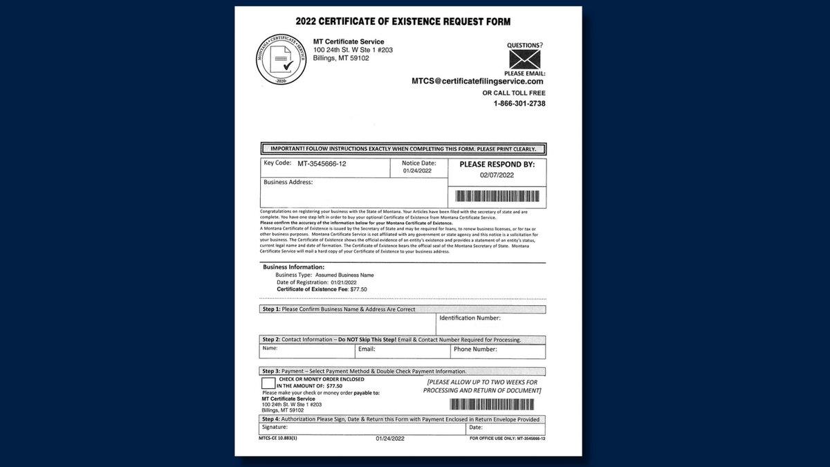 SOSJacobsen's tweet photo. The Secretary of State’s Office is alerting Montana businesses about a deceptive mailing regarding a Certificate of Existence. The mailing offers the certificate for $77.50, but the certificate can be obtained on the SOS website for $5.

MORE: https://t.co/MxLsP0ebuk https://t.co/9PThKgDMOc