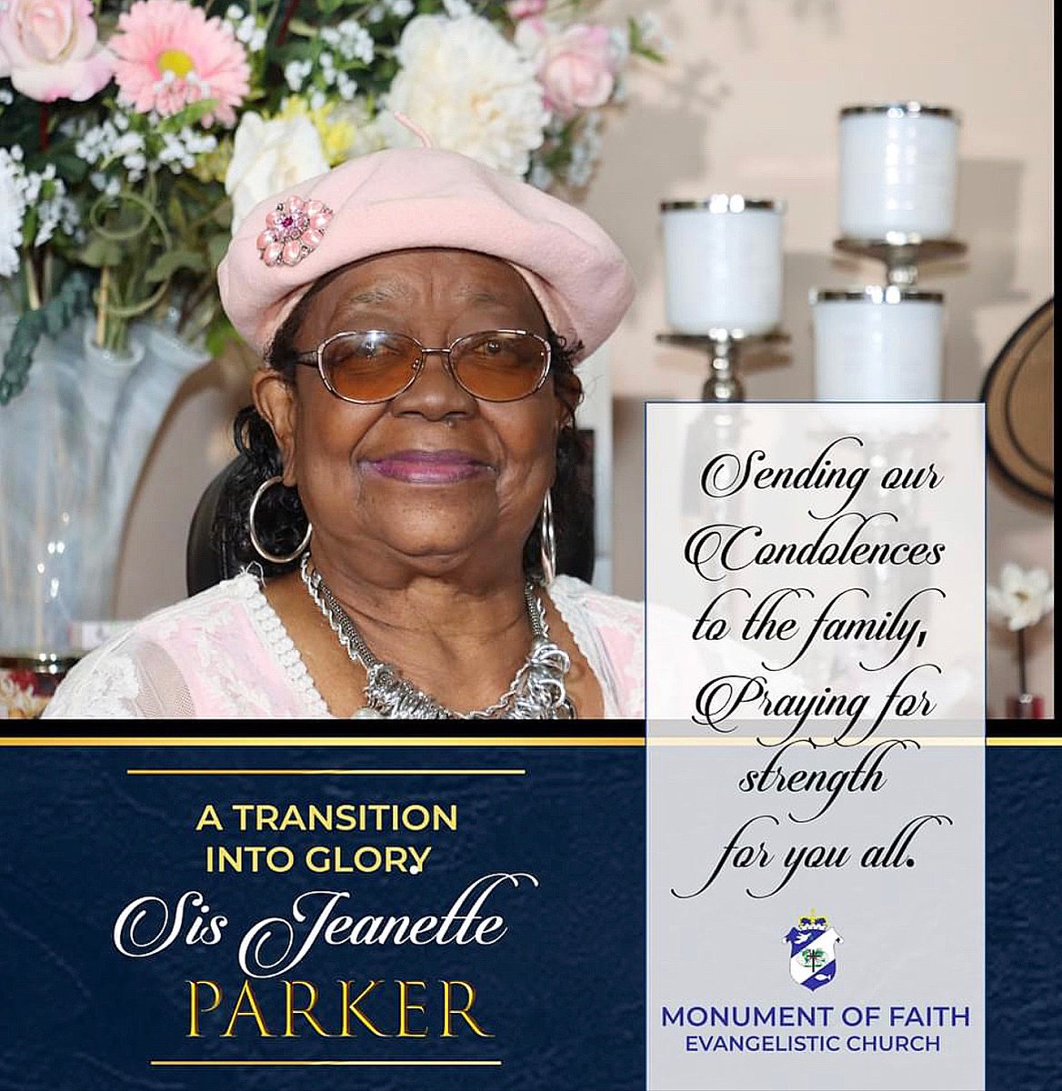 mofec2750's tweet photo. It is with heavy hearts that we announce the passing of our beloved Sis. Jeanette Parker. Jeanette was not only a faithful and devoted member of the Monument of Faith church, she has been an employee for the R. D. Henton Breakthrough Ministries since 1979. https://t.co/RKneDSWvMp