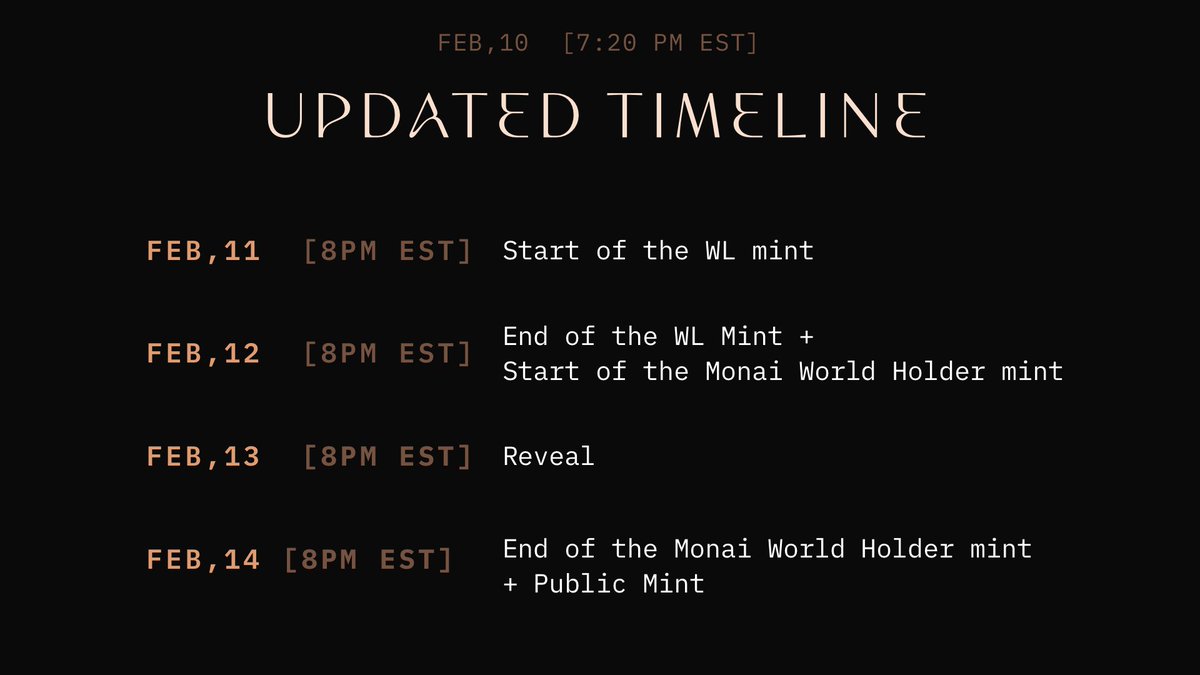 UPDATES on our RELEASE SCHEDULE. 

The new WL drop date is targeted for tomorrow at 8:00 PM EST.

Full announcement + update on discord.

Sorry for the delay.

discord.gg/monai
