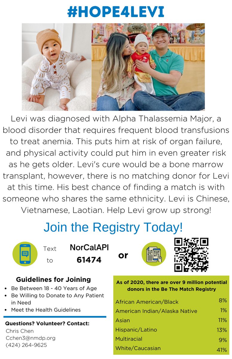 cegillespie's tweet photo. Isn't Levi a cutie? He has #Thalassemia and needs a #stemcell transplant to help save his life. He is #multiethnic #AAPI, #Chinese #Vietnamese, and #Laotion Text NorCalAPI to 61474 to join the @BeTheMatch registry https://t.co/93n2tPIwUU