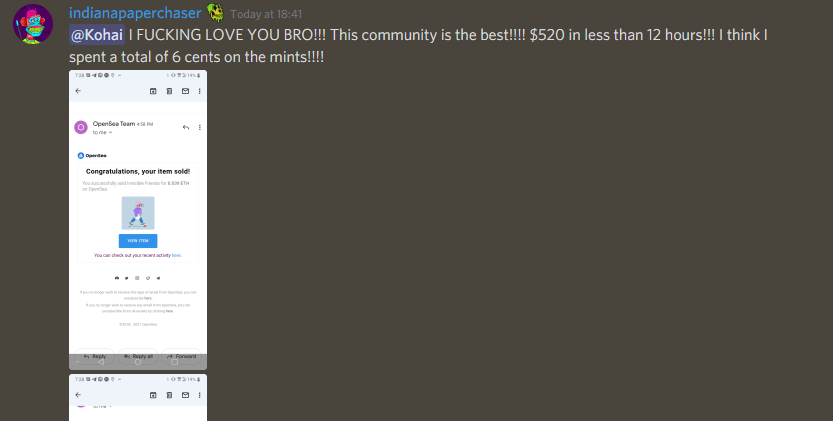 $520 profit from 6 cents based on our holder alerts. This is just day 3 of us selling out.

Looking past just the <a href="/InverseMutants/">Inverse Mutants | SOLD OUT!</a> NFT, we are providing our holders real utility that is yielding real profit.