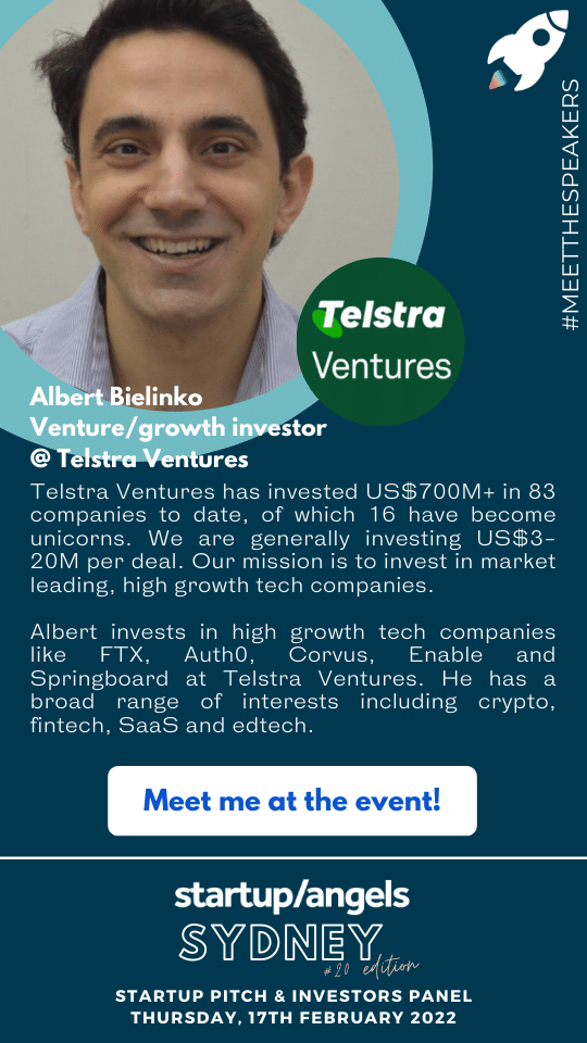 🚀 Startup&amp;Angels upcoming #event 👇🏻Startup #Pitch and #investors Panel | #Sydney Hybrid Event
🗣 Meet Cheryl Mack | Founder Aussie Angels
🗣 Meet Albert Bielinko| Venture/Growth investor Telstra Ventures
🚀 Booked your spot yet? Book your tickets NOW >> events.humanitix.com/startup-and-an…