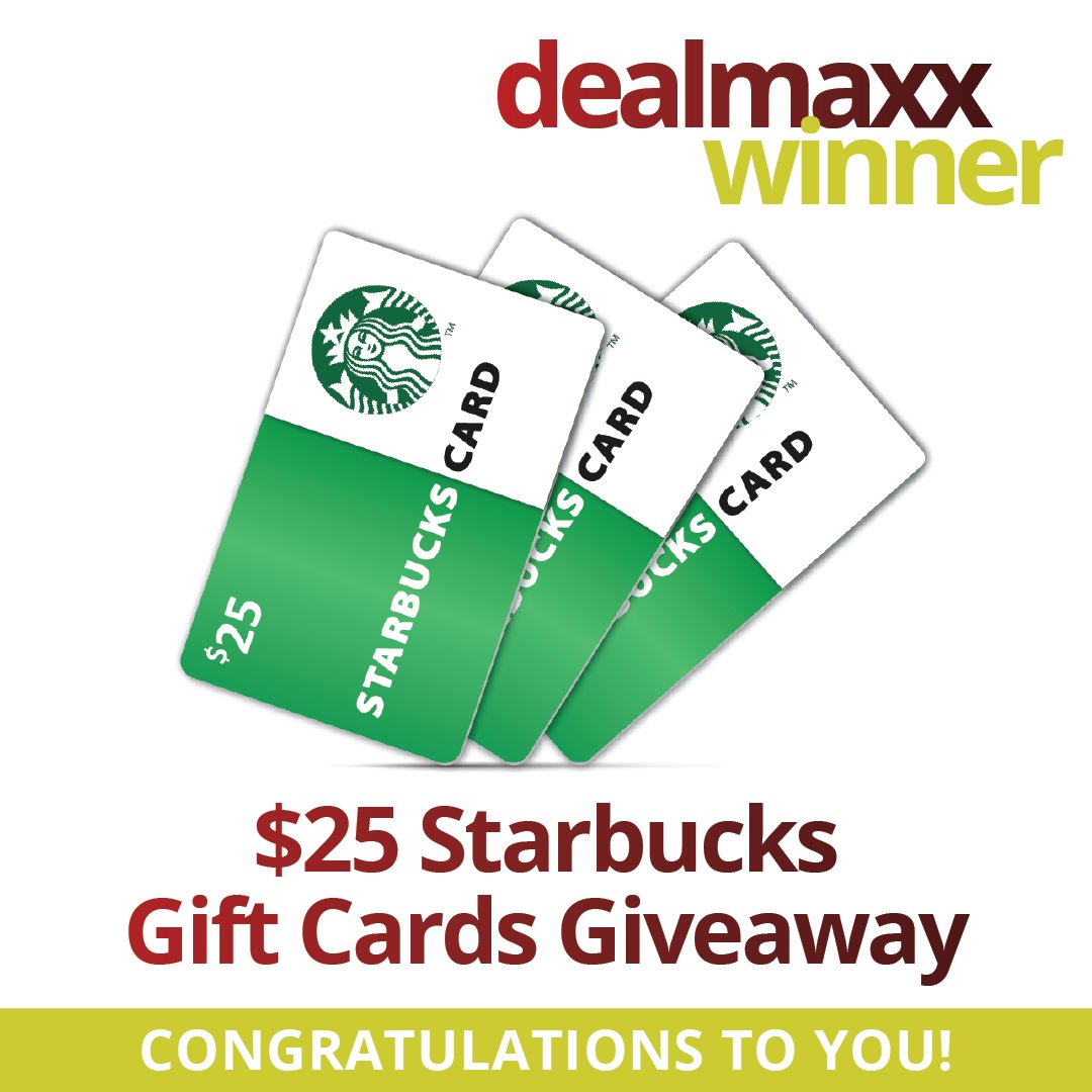 dealmaxxdeals's tweet photo. We have winners for the $25 Starbucks Gift Cards Giveaway! π€― π Are you in? Find out here: https://t.co/rApSuvLCAY #Dealmaxx #Giveaway #Free #Winner https://t.co/qlCKNWbjes