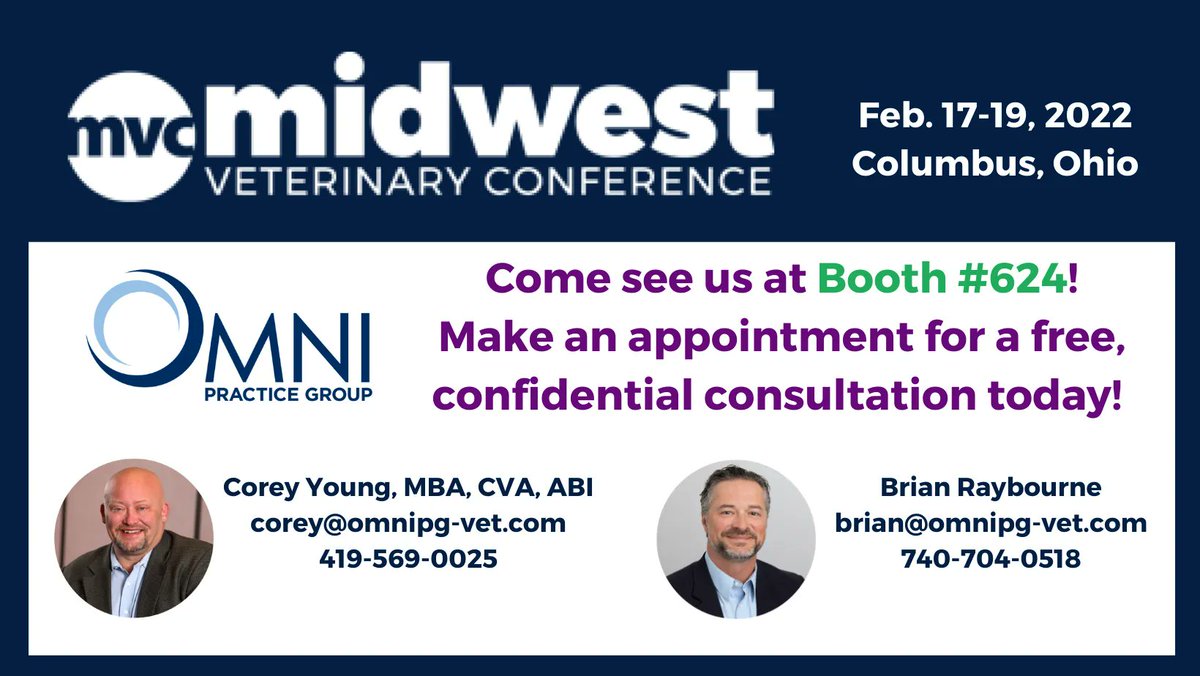 OmniPractice's tweet image. Get excited! If you are attending the Midwest Veterinary Conference this week, we will be at booth #624. Corey and Brian can talk with you about how to plan for a future transition. There will also be a fun giveaway, so be sure to stop by!

#midwestveterinaryconference