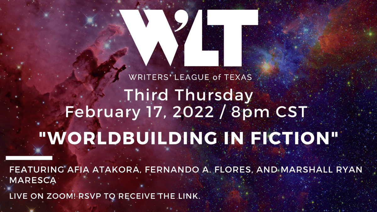 WritersLeague's tweet photo. What does it take to build a world on the page? Join us next Thursday as we discuss "Worldbuilding in Fiction" with @AfiaAtakora, Fernando A. Flores, and @marshallmaresca. Our Third Thursday events are FREE and open to the public!
RSVP here: https://t.co/tSx9XuE3WA https://t.co/JRBHem3JSL