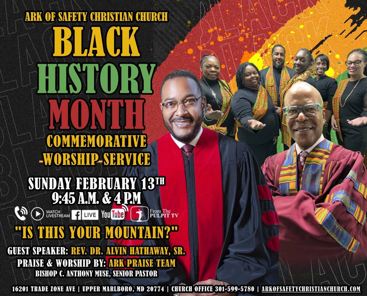 AOSCC's tweet photo. Join the Ark of Safety Christian Church as we celebrate Black History Month, THIS Sunday, February 13th. We will be led in worship by our very own Ark Praise Team before guest speaker, Rev. Dr. Alvin Hathaway Sr. brings the Word! #AOSCC #WorshipWithTheArk #BHM2022 https://t.co/ByNkxFRfZj