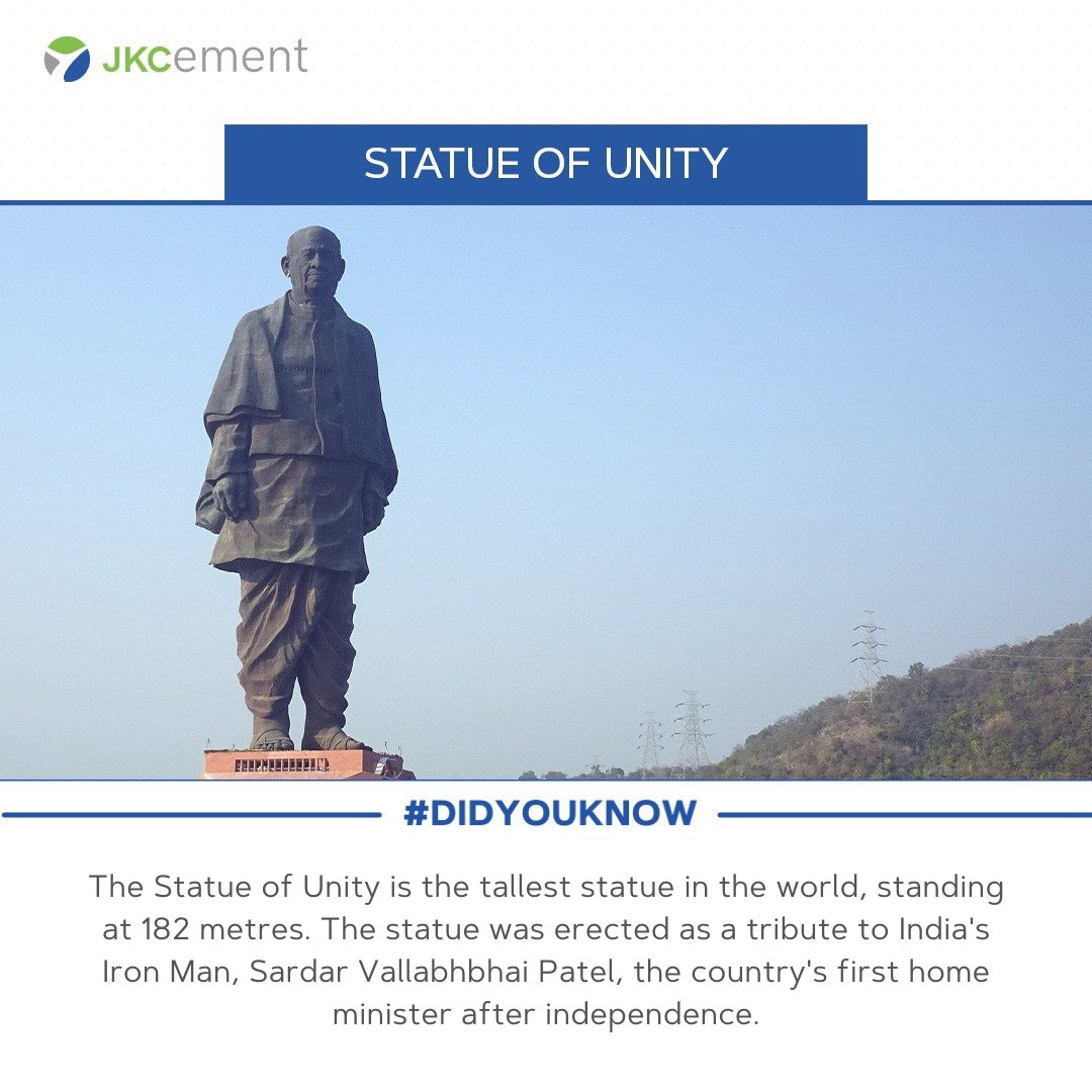 JKCementIndia's tweet photo. #DidYouKnow

#StatueOfUnity- World's #tallest statue was built using #JKCWallMaxX and #JKCPRiMaxX.

Did you get it right? Let us know in the comments below.

#JKCement #JKC #JKWhiteCement #JKGreyCement #JKSuperCement #ASolidLegacyOfTrust #Cement #Constructions #WeeklyFacts https://t.co/M6DC0lIsYH