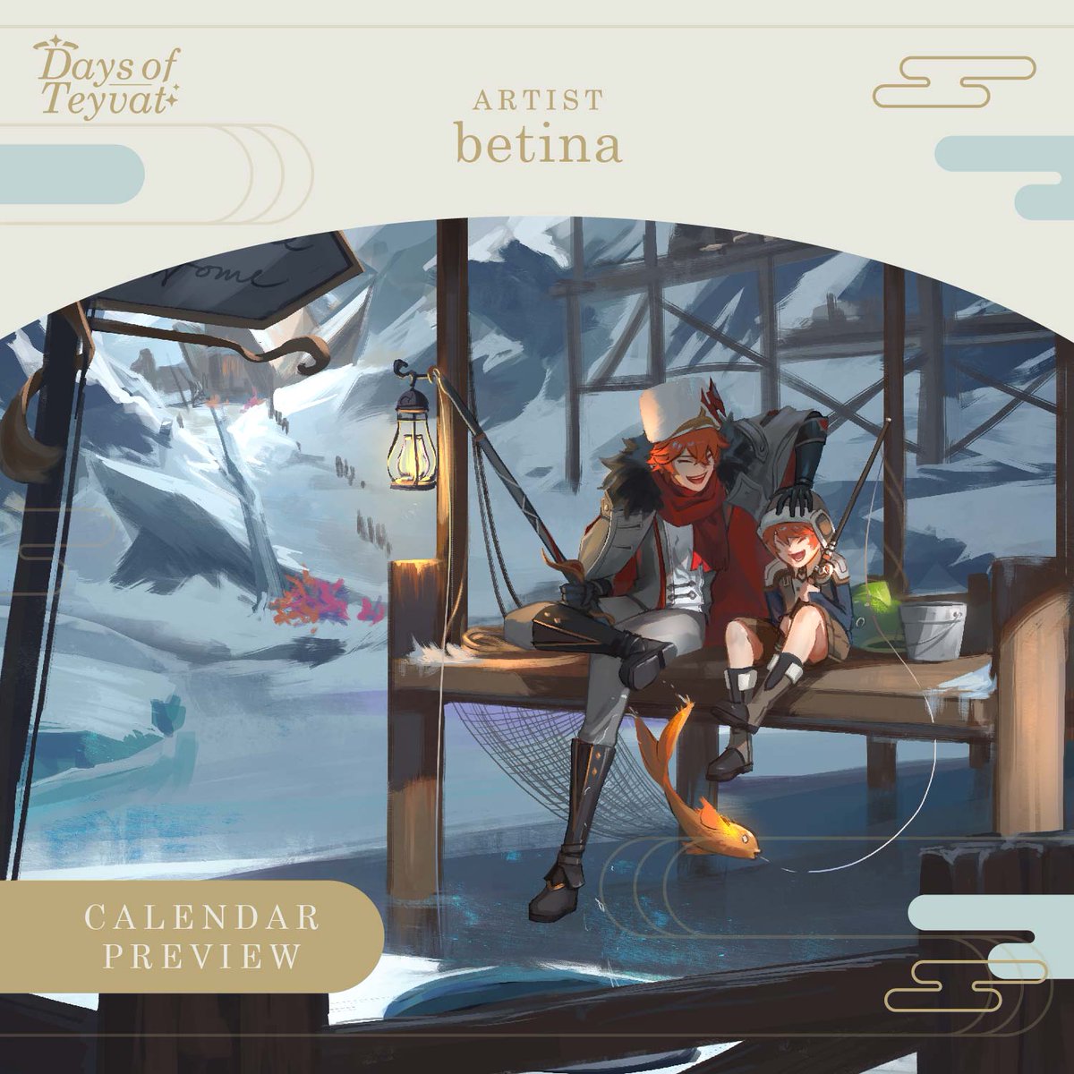 daysofteyvat's tweet photo. Our December Illustration featuring Childe and Teucer fishing! Art by @Betina_Mascenon  ~ #genshinimpact #daysofteyvat https://t.co/ktQe0pMV9L