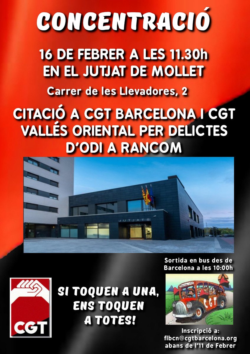 CGTBarcelona's tweet photo. A @CGTBarcelona @CGTVALLESORIENT @CGTBaixLlob i tota @CGT ho tenim clar: "Morir treballant és assassinat" i "Accident laboral, terrorisme patronal"
📌 Jutjats Mollet #16F
🕰️ 11h 30'
#RancomSA ens acusa de delicte d'odi i nosaltres No callarem!
Si tocan a una ens toquen a totes!🏴 https://t.co/deyVUjwkob