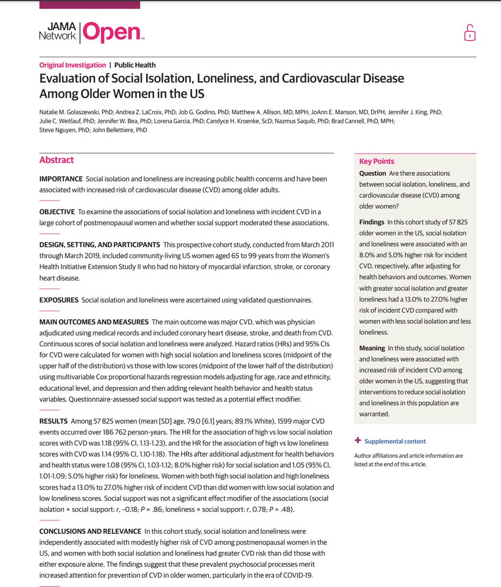 John Bellettiere (@johnbellettiere) on Twitter photo Loneliness and social isolation are sometimes thought to be similar, but are only mildly related (r=.21). Our study led by <a href="/natgolasz/">Natalie M. Yarish, PhD</a> showed that loneliness and social isolation were both related to heart disease.
Women with both had the highest risk.
jamanetwork.com/journals/jaman… Loneliness and social isolation are sometimes thought to be similar, but are only mildly related (r=.21). Our study led by <a href="/natgolasz/">Natalie M. Yarish, PhD</a> showed that loneliness and social isolation were both related to heart disease.
Women with both had the highest risk.
jamanetwork.com/journals/jaman…