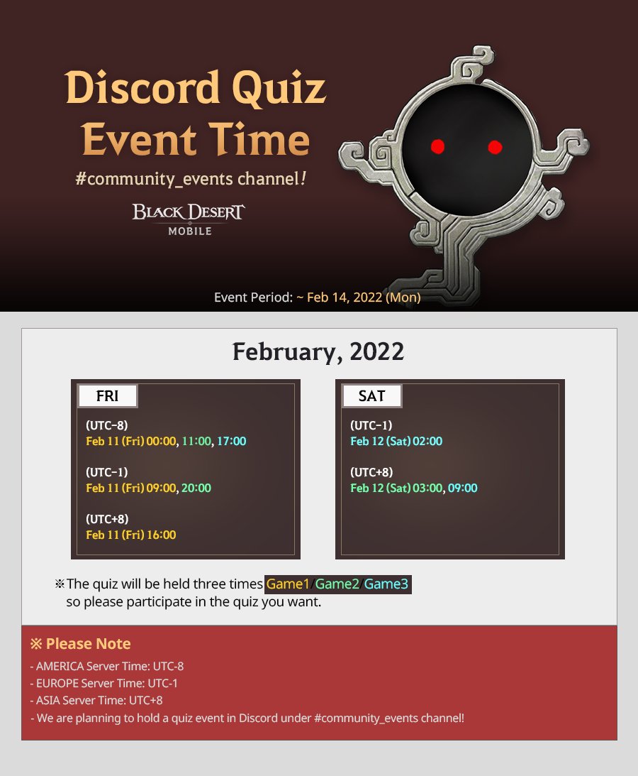 BlackDesertM_en's tweet photo. Greetings Adventurers !

A total of three quiz events will be held in Discord, #community_events.

Please participate a lot!

Event Details: https://t.co/fQSU7rBZMr

#BlackDesertMobile #Event #BDM https://t.co/lJHrtvVnFR