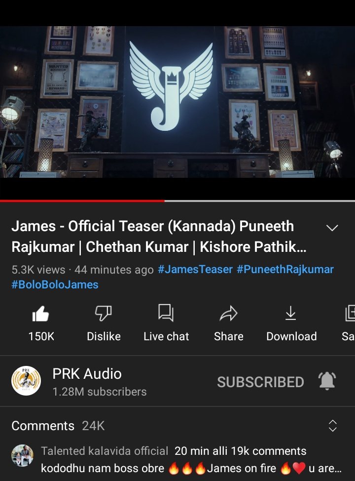PFCOfficial_'s tweet photo. 150k likes in 44mins
Now Fastest 50k , 100k &amp; 150k likes for a kannada teaser is under Power Star Name 🤫🔥

Baap Of Youtube @PuneethRajkumar 

#JamesTeaser #BoloBoloJames #UnanimousKingAPPUReturns https://t.co/U3Ybh5lhNW