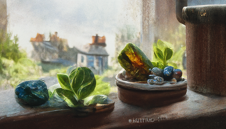 EErratica's tweet photo. Main prompt: "Plants and gemstones on the windowsill of a quaint cottage" https://t.co/kznpvkHP2k