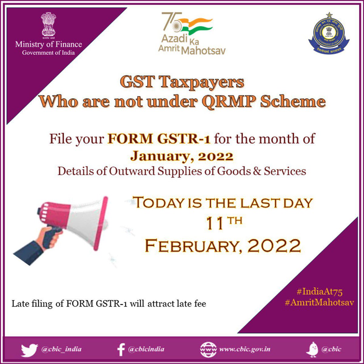 Attention GST Taxpayers who are not under QRMP Scheme!

Today is the last date to file your GSTR-1 Return for the month of January, 2022.