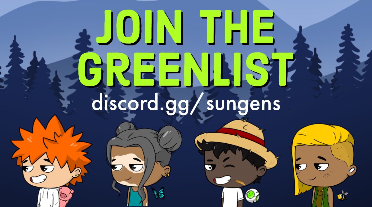 why join the greenlist? if u wanna…

🌱  fund mutual aid &amp; green projects
✨  vibe with your frens
🚀  build ‘live to earn’
🌳  support carbon neutral nfts
🌎  be part of collective action

#sungens #nftsforgood #nftlaunch #nftdrop #greenlist #econft #nftproject