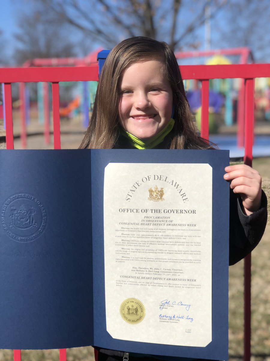 conqueringchdde's tweet photo. Happy to have stopped by @Nemours Cardiac Center yesterday with heart warrior Lacey to drop off @JohnCarneyDE’s and the state senate’s (thanks @SarahEMcBride )proclamations for #CHDAwarenessWeek - along with some snacks and refreshments for our amazing caregivers! https://t.co/qCK7FOZSwN