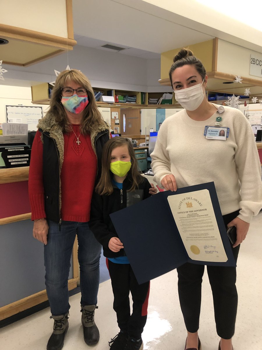 conqueringchdde's tweet photo. Happy to have stopped by @Nemours Cardiac Center yesterday with heart warrior Lacey to drop off @JohnCarneyDE’s and the state senate’s (thanks @SarahEMcBride )proclamations for #CHDAwarenessWeek - along with some snacks and refreshments for our amazing caregivers! https://t.co/qCK7FOZSwN